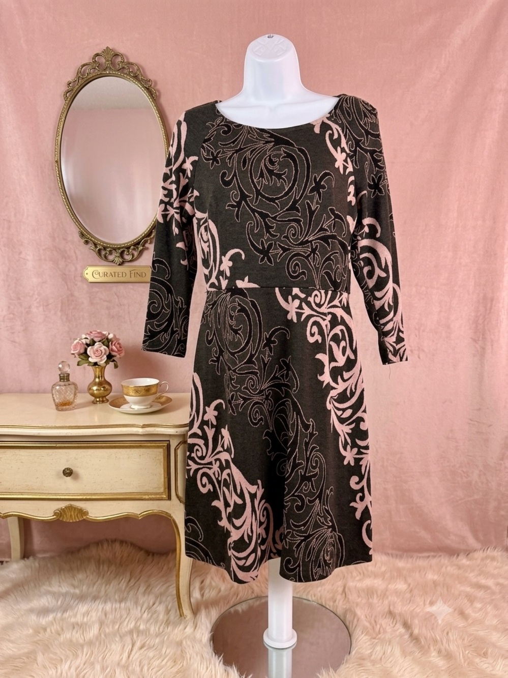 Women’s Black & Pink Patterned Fit-and-Flare Dress size small